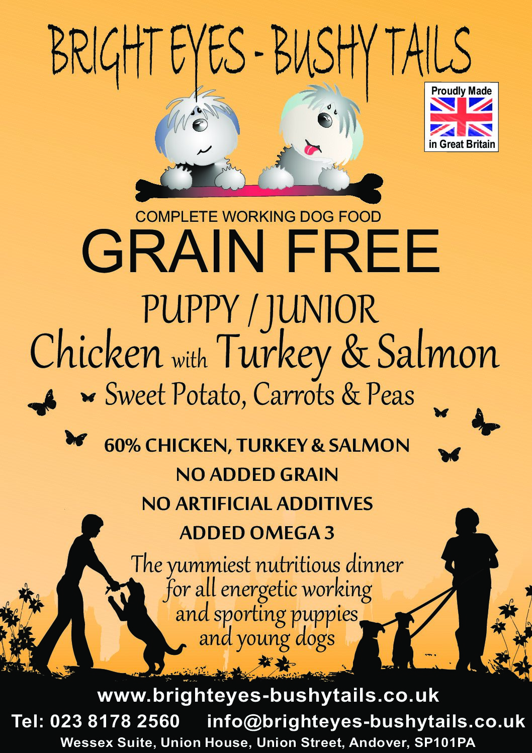 Bright Eyes Bushy Tails Grain Free Puppy Junior Chicken Turkey Salmon Sweet Potato with Carrots and Peas Working Dog